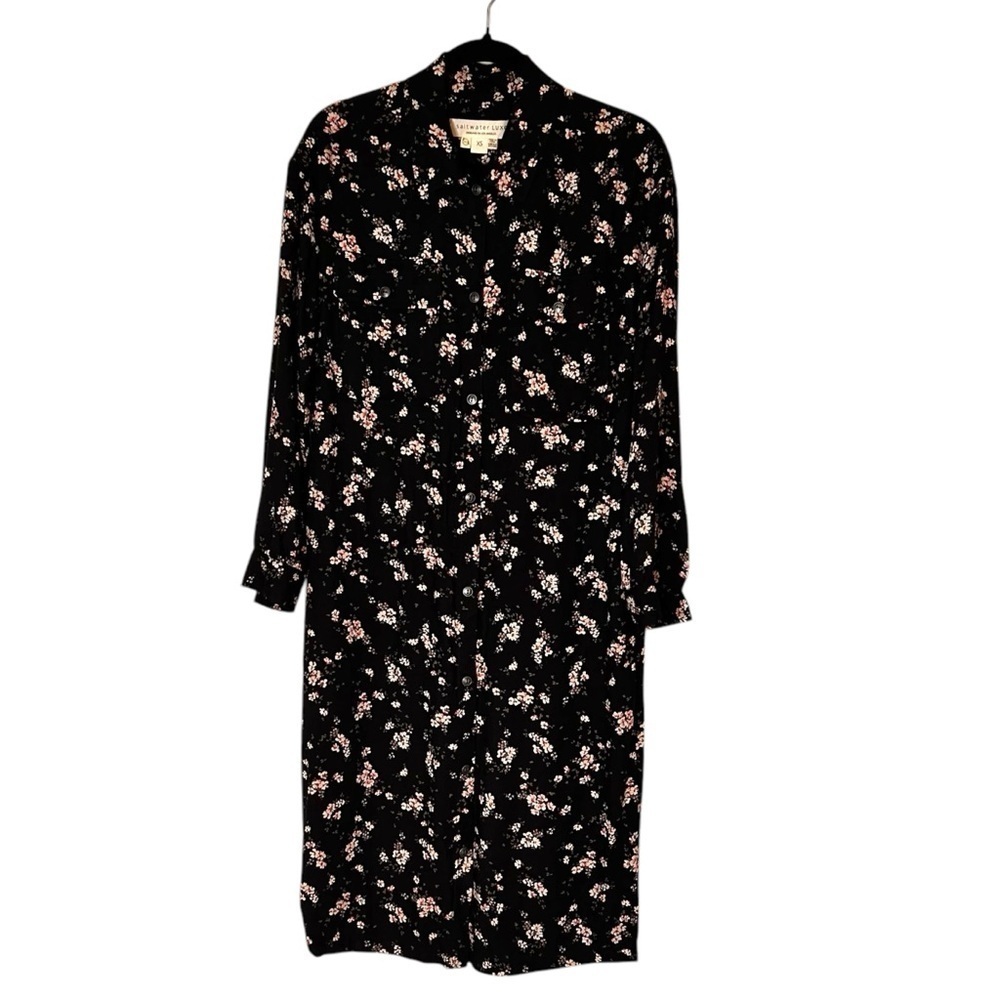 SaltWater LUXE Women's Black Floral Button Down Long Sleeve Midi Dress- Size XS